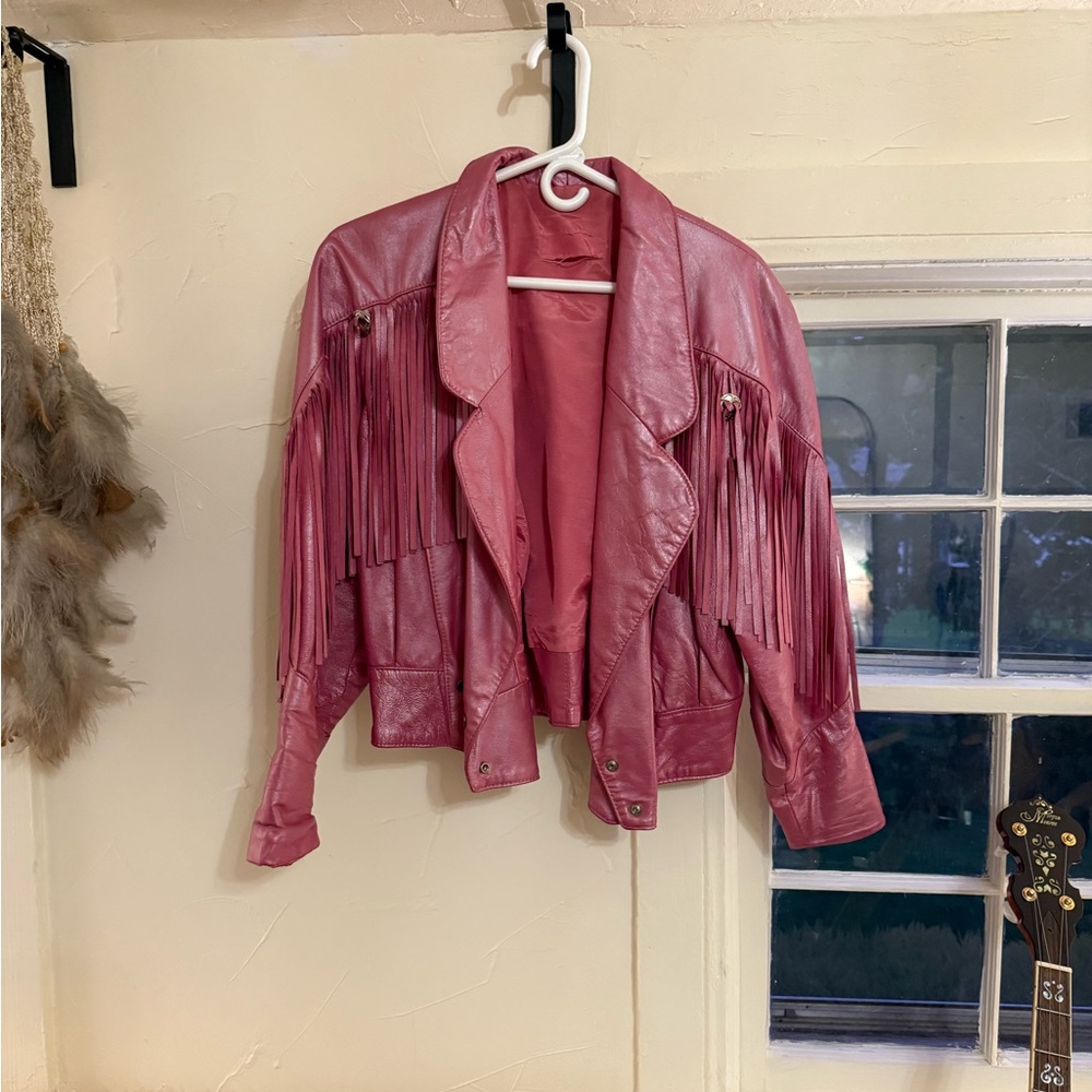 Metallic Pink Fringe Leather Jacket